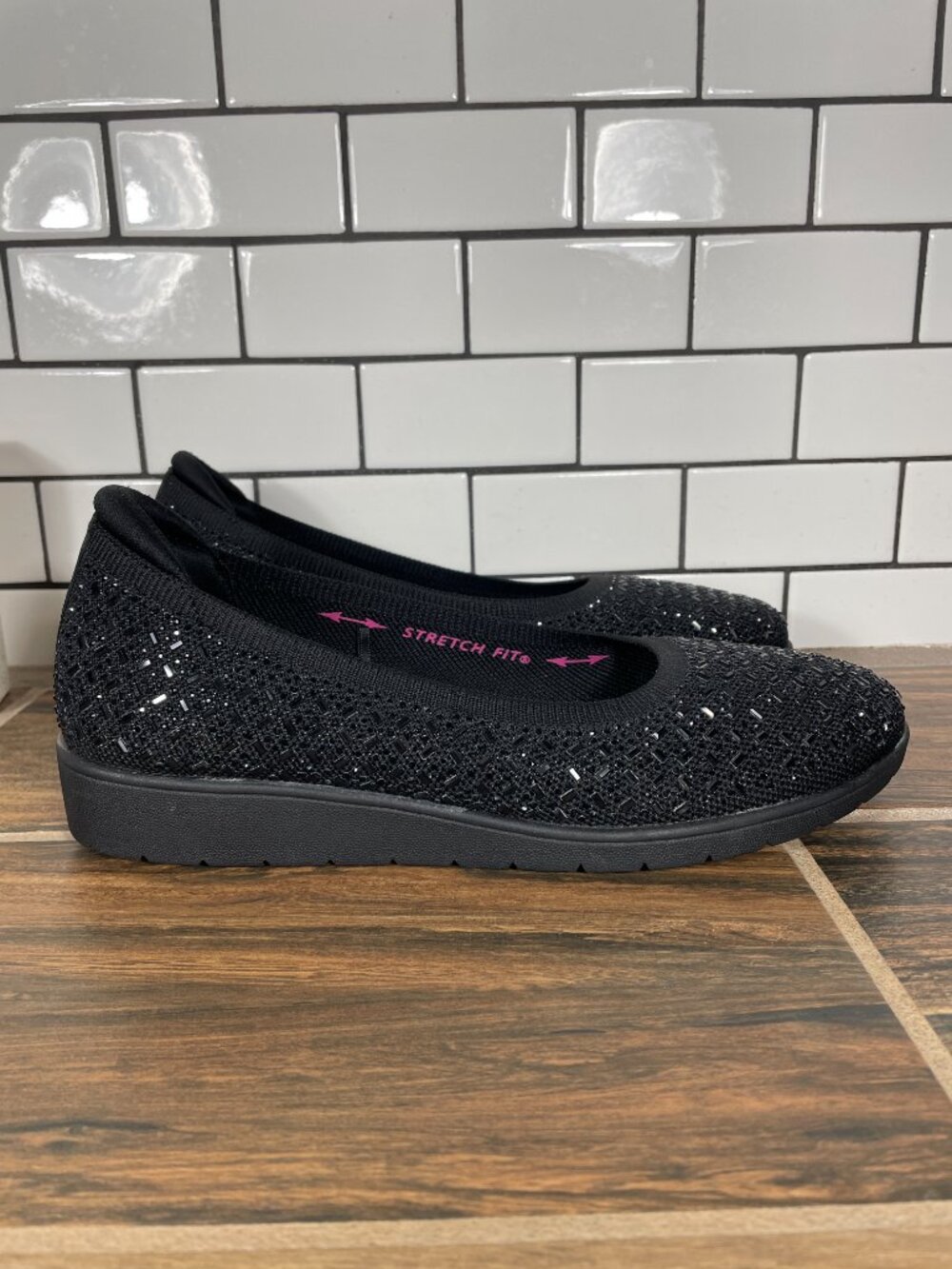 Skechers Cleo Flex Wedge Nova Glam Shoes Womens Size 9 Black Rhinestone Flat - Picture 3 of 13